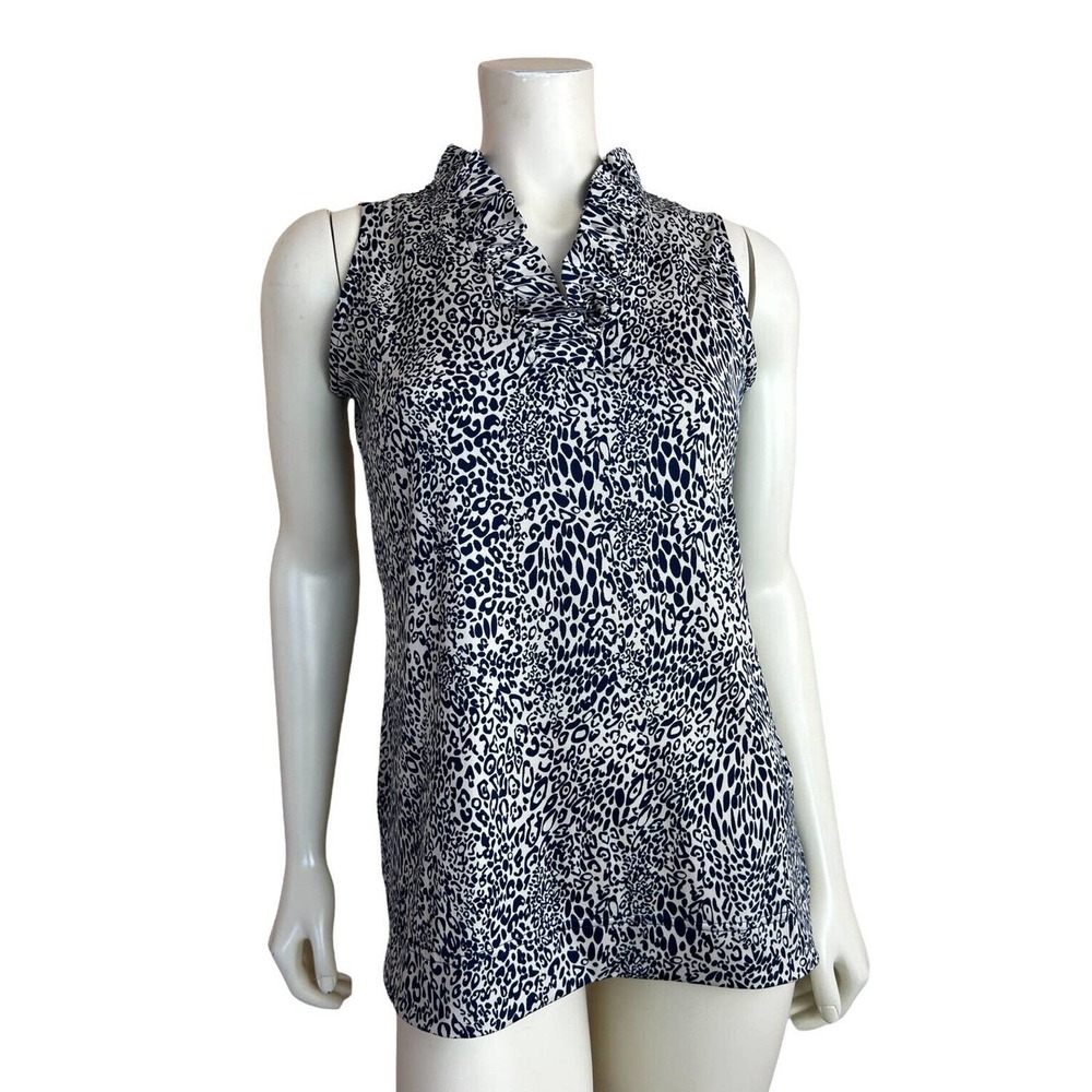 La Mer Luxe Ruffle Neck Top Sleeveless Leopard Printed Blue White Stretch XS